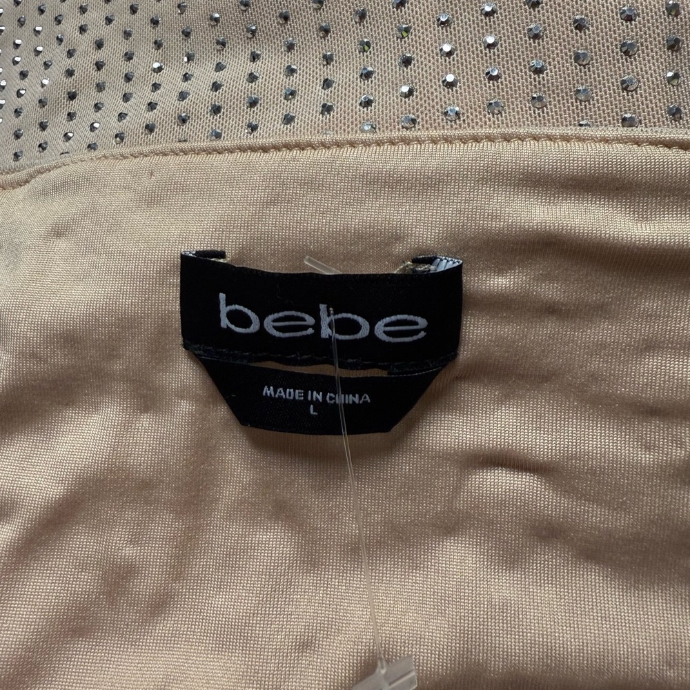 Bebe Sparkle Square Neck Midi Dress in Nude Tan Size Large Silver Rhinestone - Picture 5 of 11